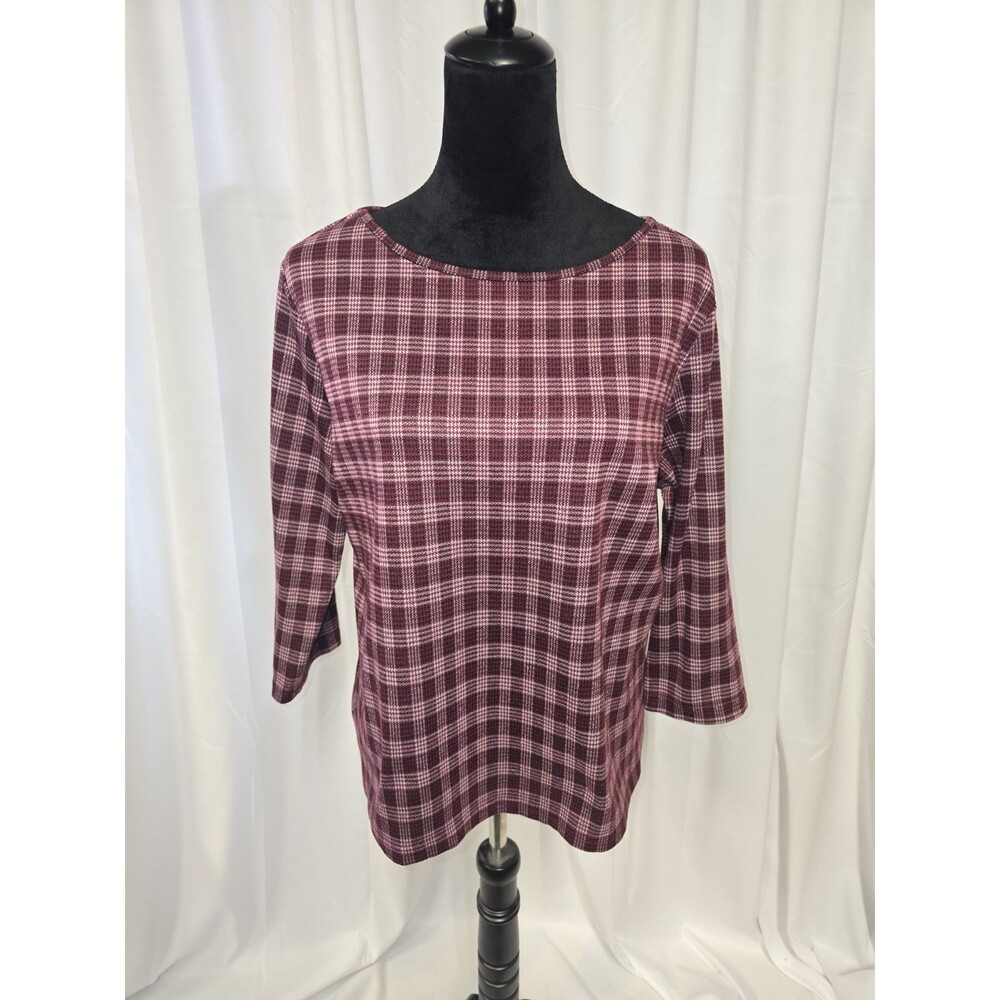 Allegra K 3/4 Sleeve Blouse Burgandy Plaid